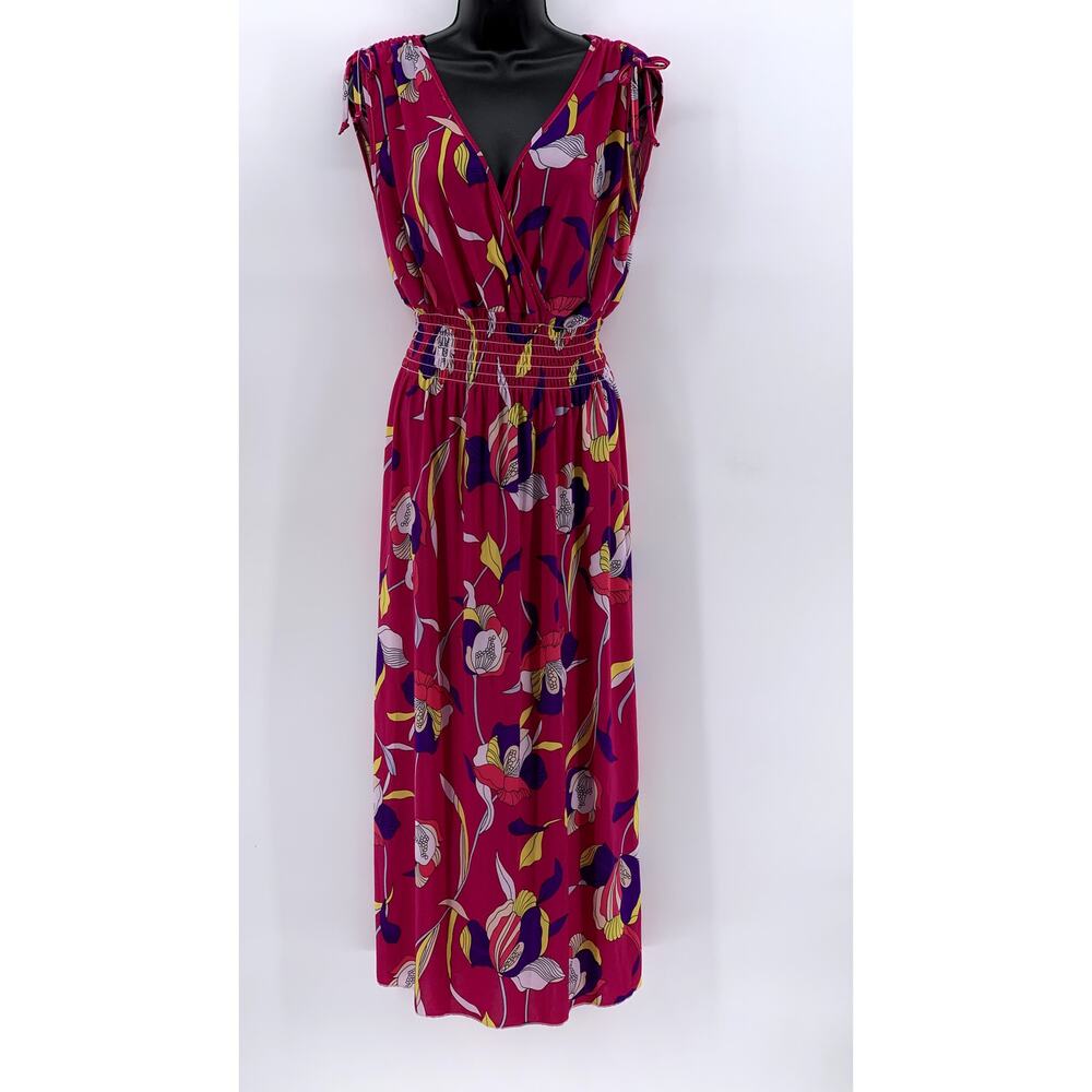 FC Women's Pink Printed Surplice Neck Short Sleeve Smocked Midi Dress SZ M/L